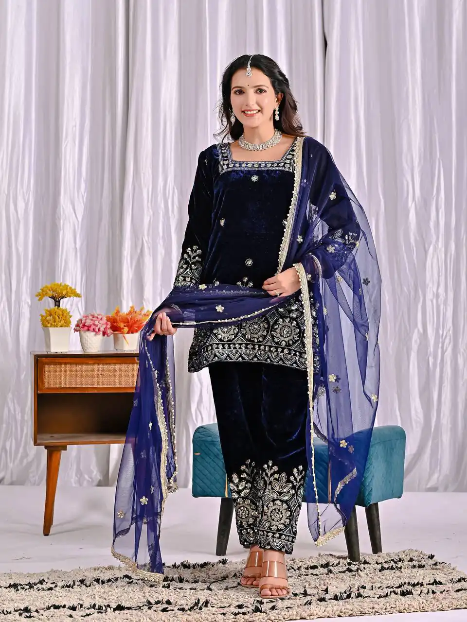 MD 3072 Navy Blue Viscose Velvet Salwar Suit with Embroidery Work & Lace Work. Grab it for ₹2399. Delivery 4-6 Working Days. Shop now. | Jump Suits, Straight Suits, Casual Suits, Creative suits, Designer Suits, Palazzo Suits, Party Wear Suits, Patiala Suits, Salwar suit