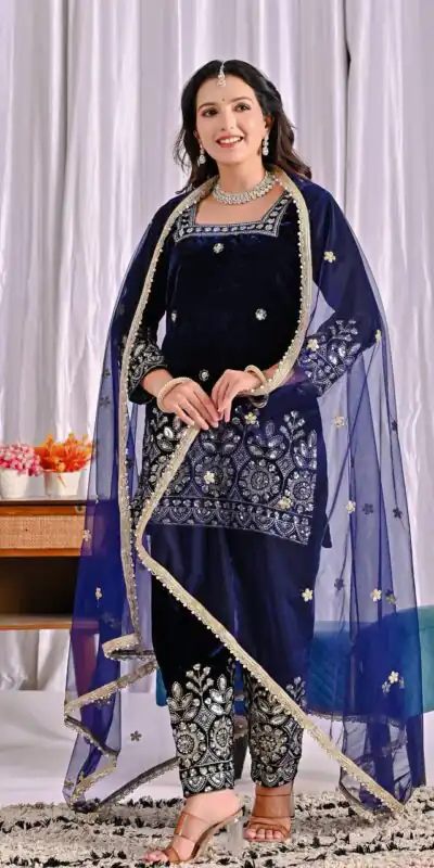 MD 3072 Navy Blue Viscose Velvet Salwar Suit with Embroidery Work & Lace Work. Grab it for ₹2399. Delivery 4-6 Working Days. Shop now. | Jump Suits, Straight Suits, Casual Suits, Creative suits, Designer Suits, Palazzo Suits, Party Wear Suits, Patiala Suits, Salwar suit