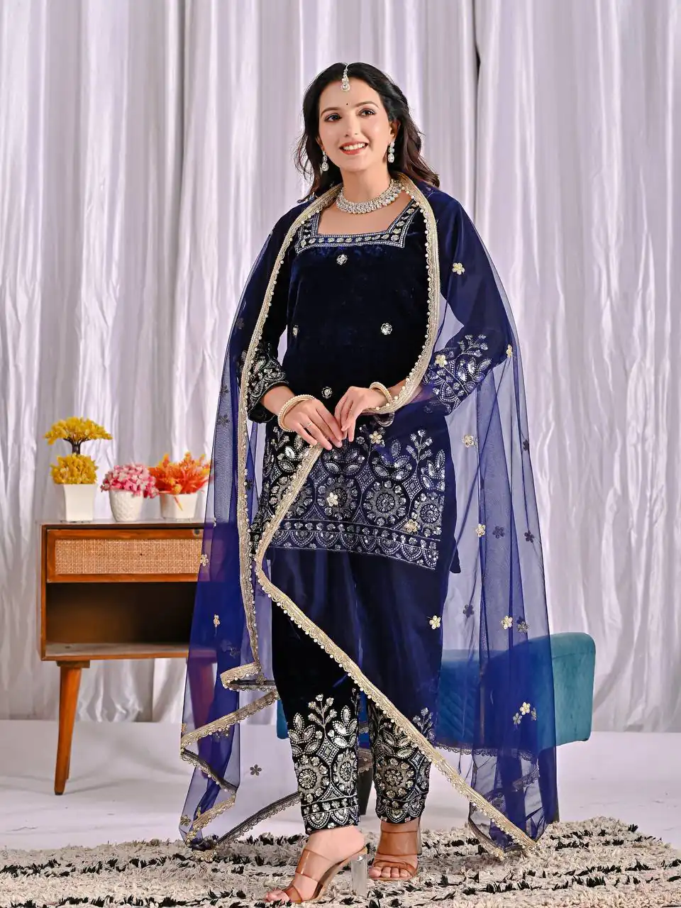 MD 3072 Navy Blue Viscose Velvet Salwar Suit with Embroidery Work & Lace Work. Grab it for ₹2399. Delivery 4-6 Working Days. Shop now. | Jump Suits, Straight Suits, Casual Suits, Creative suits, Designer Suits, Palazzo Suits, Party Wear Suits, Patiala Suits, Salwar suit