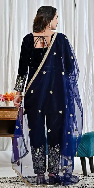 MD 3072 Navy Blue Viscose Velvet Salwar Suit with Embroidery Work & Lace Work. Grab it for ₹2399. Delivery 4-6 Working Days. Shop now. | Jump Suits, Straight Suits, Casual Suits, Creative suits, Designer Suits, Palazzo Suits, Party Wear Suits, Patiala Suits, Salwar suit