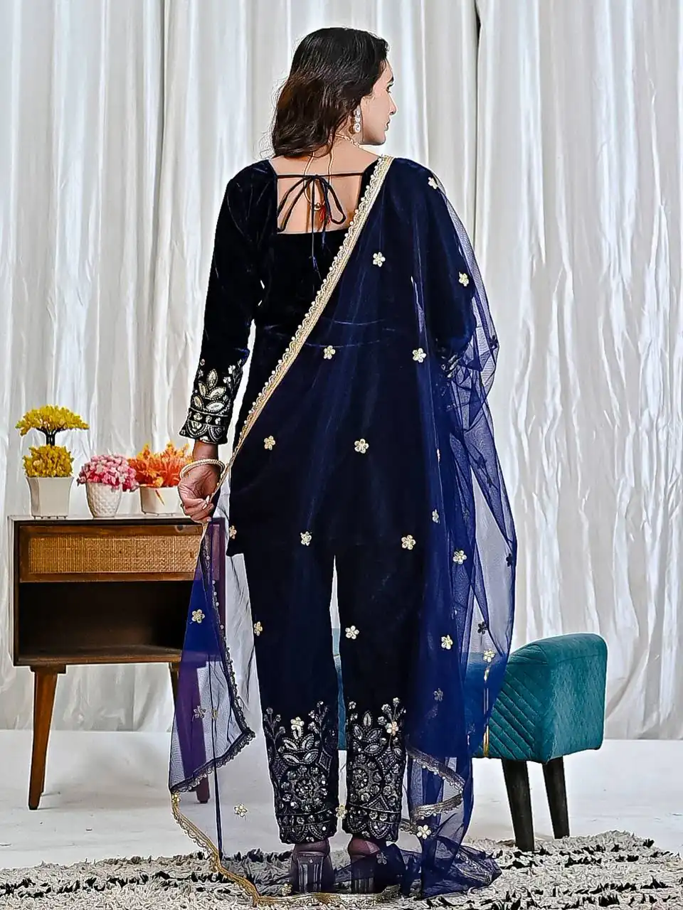 MD 3072 Navy Blue Viscose Velvet Salwar Suit with Embroidery Work & Lace Work. Grab it for ₹2399. Delivery 4-6 Working Days. Shop now. | Jump Suits, Straight Suits, Casual Suits, Creative suits, Designer Suits, Palazzo Suits, Party Wear Suits, Patiala Suits, Salwar suit