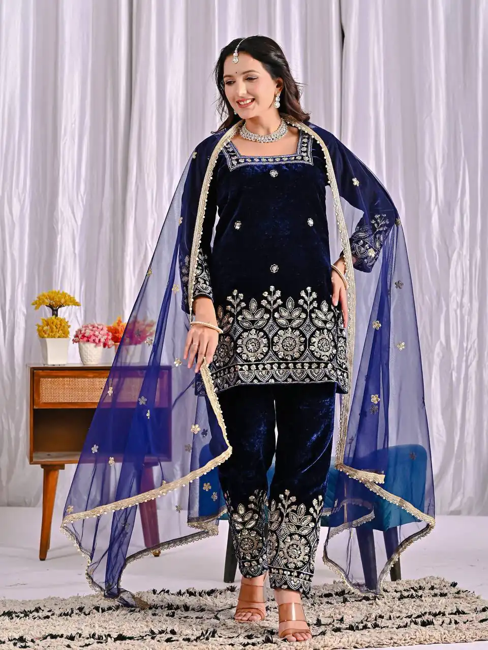 MD 3072 Navy Blue Viscose Velvet Salwar Suit with Embroidery Work & Lace Work. Grab it for ₹2399. Delivery 4-6 Working Days. Shop now. | Jump Suits, Straight Suits, Casual Suits, Creative suits, Designer Suits, Palazzo Suits, Party Wear Suits, Patiala Suits, Salwar suit