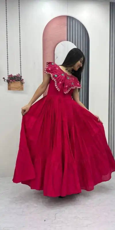 PC 571 Pink Roman Silk Gown with Mirror Work & Embroidery Work. Special Price ₹2099. Delivery 4-6 Working Days. Shop now. | Bollywood Gowns, Creative Gowns, Designer Gowns, Embroidered Gowns, Gowns, Party Wear Gowns