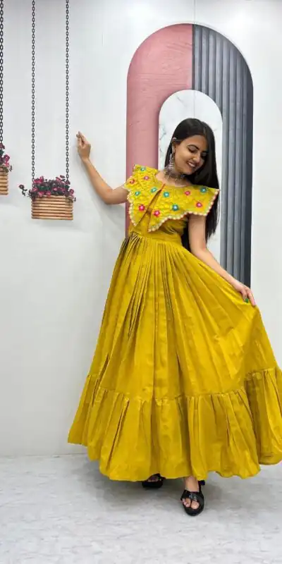 PC 571 Yellow Roman Silk Gown with Mirror Work & Embroidery Work. Special Price ₹2099. Delivery 4-6 Working Days. Shop now. | Bollywood Gowns, Creative Gowns, Designer Gowns, Embroidered Gowns, Gowns, Party Wear Gowns