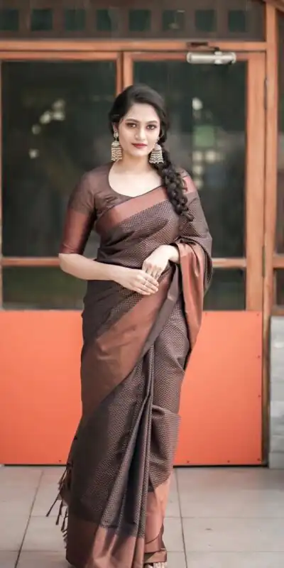 KP 3094 Brown Soft Lichi Jacquard Work Saree for Wedding, Party, Cultural Events, Traditional Day, Pooja . Grab it for ₹1549. Delivery 4-6 Working Day | Bollywood Sarees, Creative Sarees, Designer Sarees, Embroidered Sarees, Ethnic Saree, Modern Digital sarees, Party Wear Sarees, Sarees