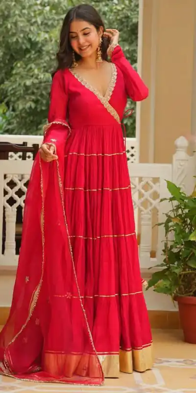 LG 2154 Red Georgette Digital Print Work Gown for Wedding, Party, Cultural Events, Traditional Day, Pooja . Grab it for ₹2399. Delivery 4-6 Working Day | Bollywood Gowns, Creative Gowns, Designer Gowns, Embroidered Gowns, Gowns, Party Wear Gowns