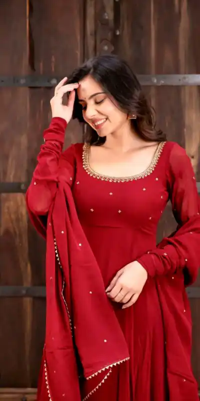 KD 1653 Red Faux Georgette Salwar Suit with Lace Work & Digital Print. Introductory Price ₹2349. Delivery 4-6 Working Days. Shop now. | Anarkali Suits, Bollywood Anarkali, Creative-Anarkali, Designer Anarkali, Embroidered Anarkali, Party Wear Anarkali