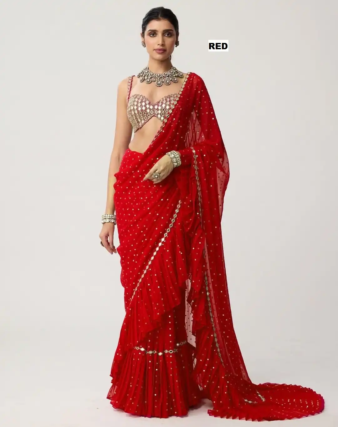 DF 3455 Red Color Faux Georgette Embroidery Sequins Work Saree Casual, Wedding, Festive, Events . Expected Delivery 4-6 Working Days @2199/- only | Bollywood Sarees, Creative Sarees, Designer Sarees, Embroidered Sarees, Ethnic Saree, Modern Digital sarees, Party Wear Sarees, Sarees