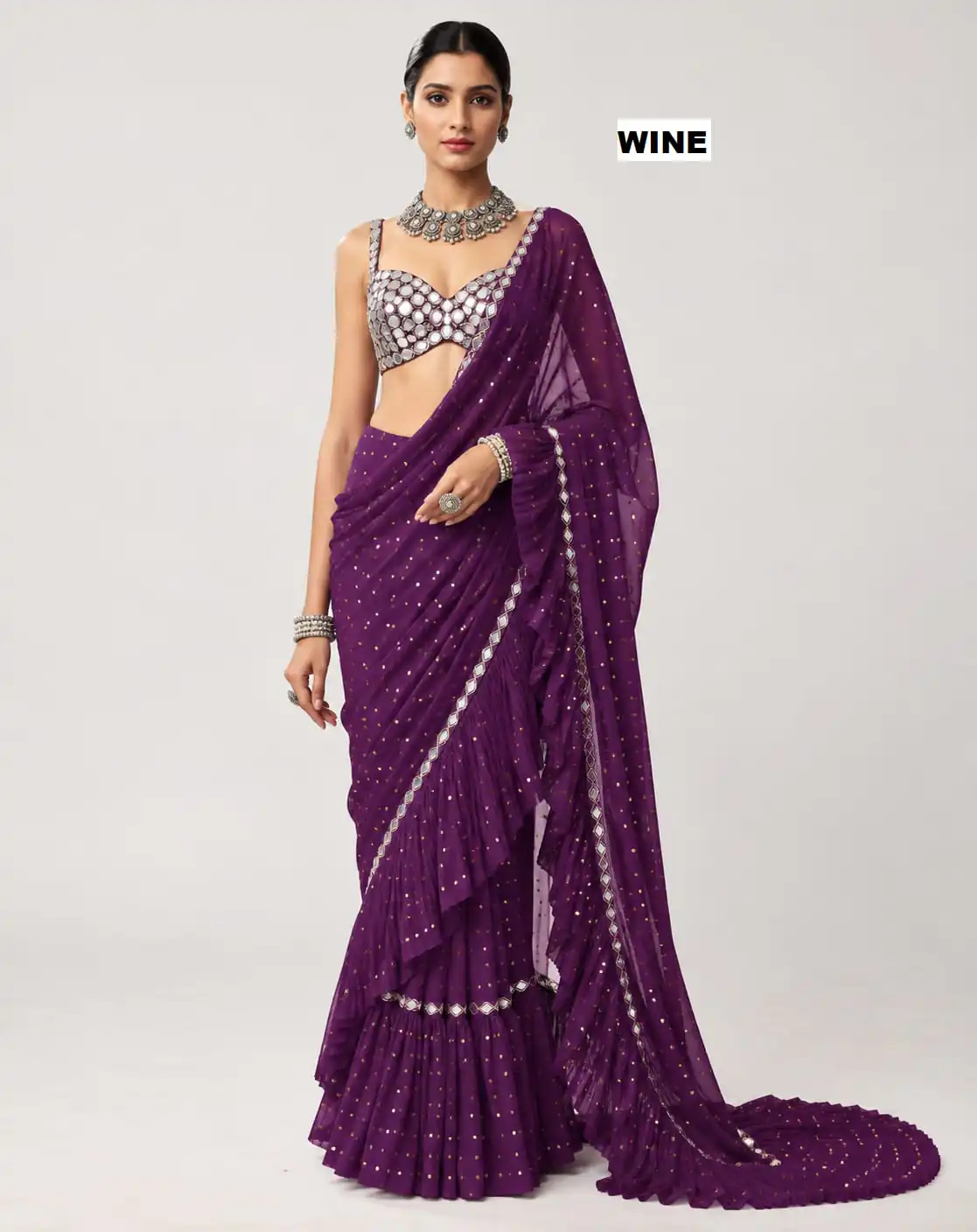 DF 3455 Wine Color Faux Georgette Embroidery Sequins Work Saree Casual, Wedding, Festive, Events . Expected Delivery 4-6 Working Days @2199/- only | Bollywood Sarees, Creative Sarees, Designer Sarees, Embroidered Sarees, Ethnic Saree, Modern Digital sarees, Party Wear Sarees, Sarees