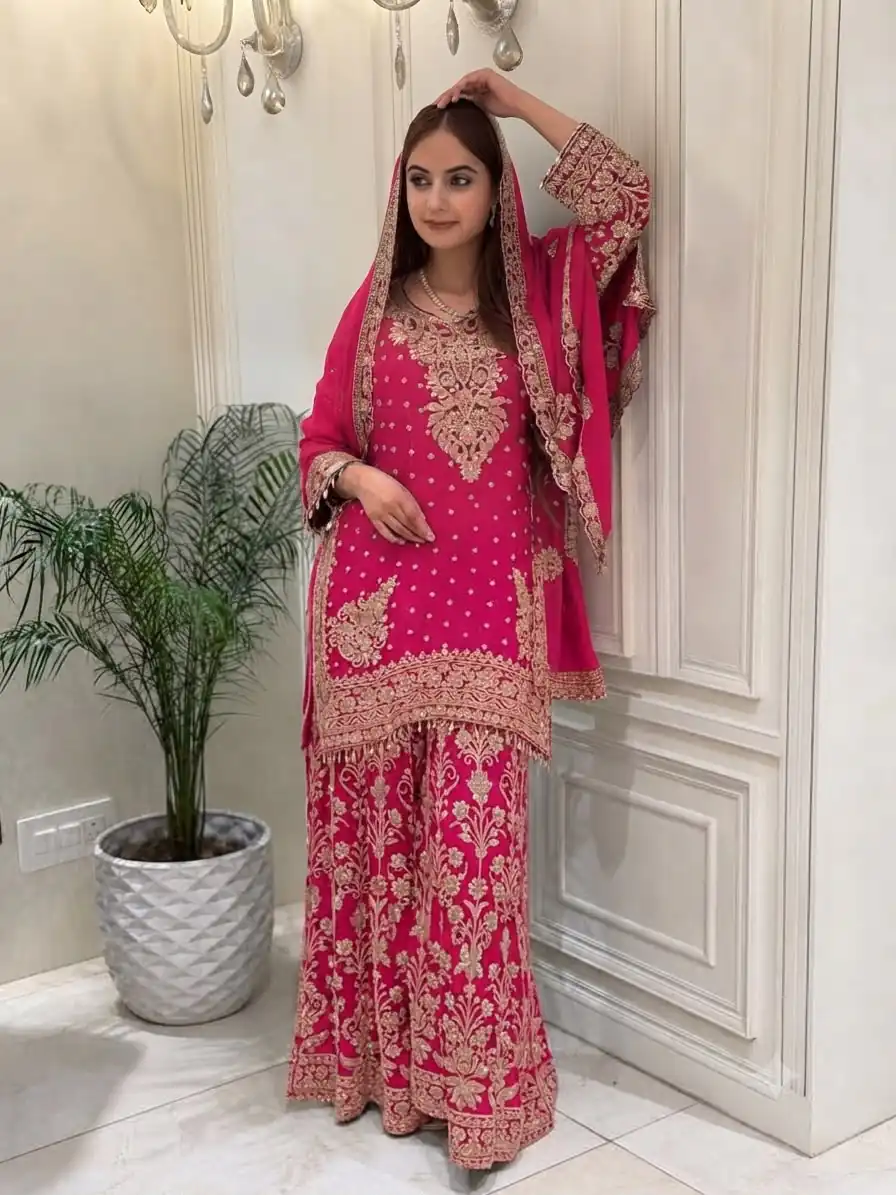 KF 1733 Pink Faux Georgette Salwar Suit with Mirror Work & Embroidery Work. Get it for ₹2849. Delivery 4-6 Working Days. Shop now. | Jump Suits, Straight Suits, Casual Suits, Creative suits, Designer Suits, Palazzo Suits, Party Wear Suits, Patiala Suits, Salwar suit