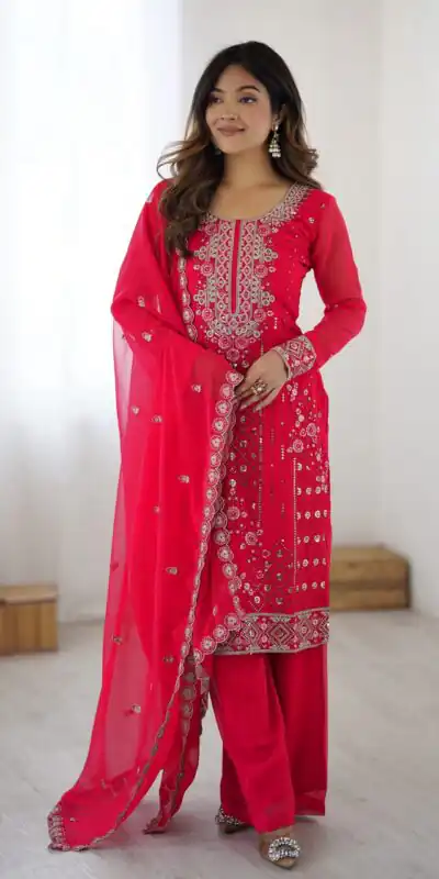 SP 37 Pink Faux Georgette Salwar Suit with Mirror Work & Embroidery Work. Get it for ₹1999. Delivery 4-6 Working Days. Shop now. | Jump Suits, Straight Suits, Casual Suits, Creative suits, Designer Suits, Palazzo Suits, Party Wear Suits, Patiala Suits, Salwar suit