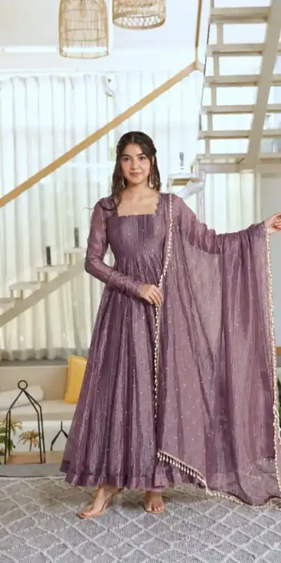 KD 1641 Lavender in Salsa Silk Embroidery Work & Sequins Work Gown . Get it for ₹2899. Delivery 4-6 Working Days. Online Shop now. | Bollywood Gowns, Creative Gowns, Designer Gowns, Embroidered Gowns, Gowns, Party Wear Gowns