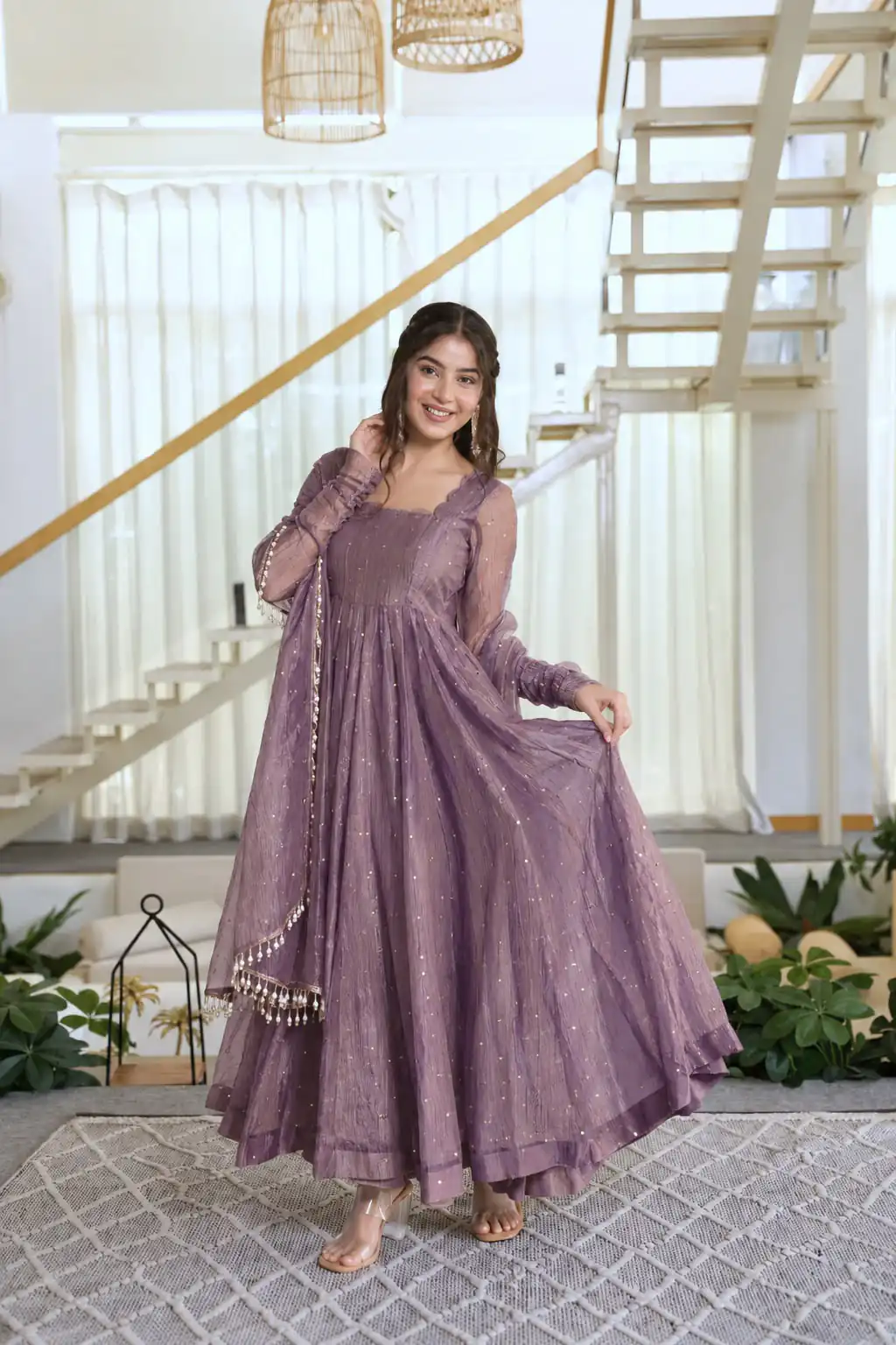 KD 1641 Lavender in Salsa Silk Embroidery Work & Sequins Work Gown . Get it for ₹2899. Delivery 4-6 Working Days. Online Shop now. | Bollywood Gowns, Creative Gowns, Designer Gowns, Embroidered Gowns, Gowns, Party Wear Gowns