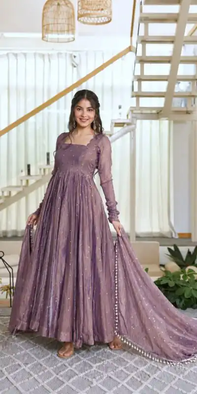 KD 1641 Lavender in Salsa Silk Embroidery Work & Sequins Work Gown . Get it for ₹2899. Delivery 4-6 Working Days. Online Shop now. | Bollywood Gowns, Creative Gowns, Designer Gowns, Embroidered Gowns, Gowns, Party Wear Gowns