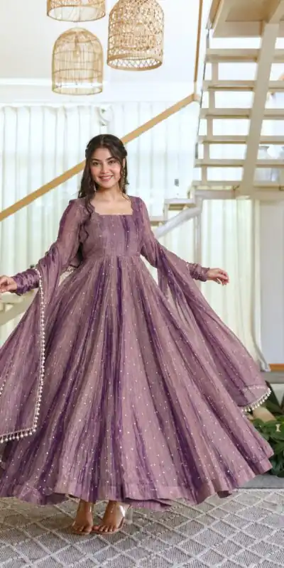 KD 1641 Lavender in Salsa Silk Embroidery Work & Sequins Work Gown . Get it for ₹2899. Delivery 4-6 Working Days. Online Shop now. | Bollywood Gowns, Creative Gowns, Designer Gowns, Embroidered Gowns, Gowns, Party Wear Gowns