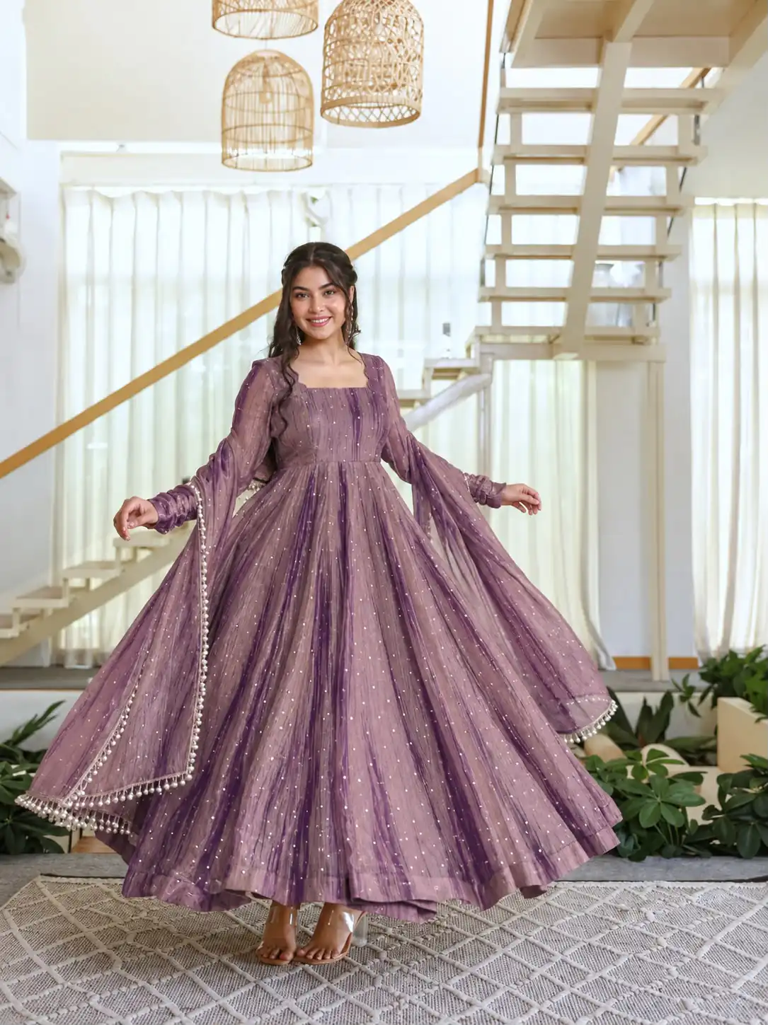 KD 1641 Lavender in Salsa Silk Embroidery Work & Sequins Work Gown . Get it for ₹2899. Delivery 4-6 Working Days. Online Shop now. | Bollywood Gowns, Creative Gowns, Designer Gowns, Embroidered Gowns, Gowns, Party Wear Gowns