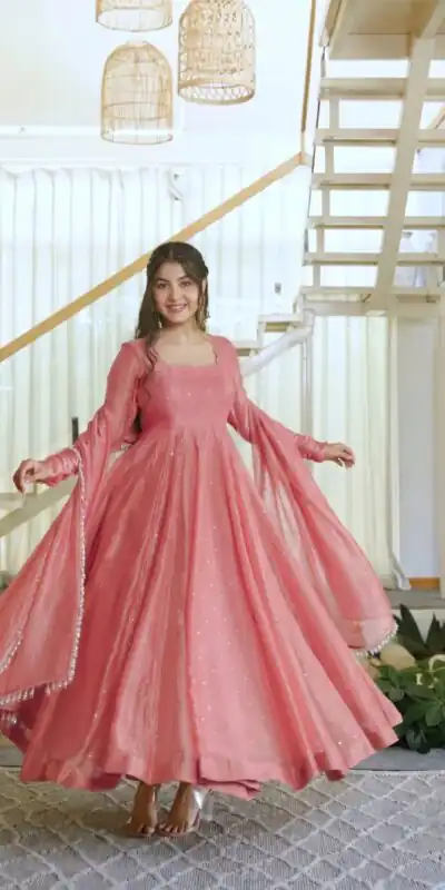 KD 1641 Peach in Salsa Silk Embroidery Work & Sequins Work Gown . Get it for ₹2899. Delivery 4-6 Working Days. Online Shop now. | Bollywood Gowns, Creative Gowns, Designer Gowns, Embroidered Gowns, Gowns, Party Wear Gowns