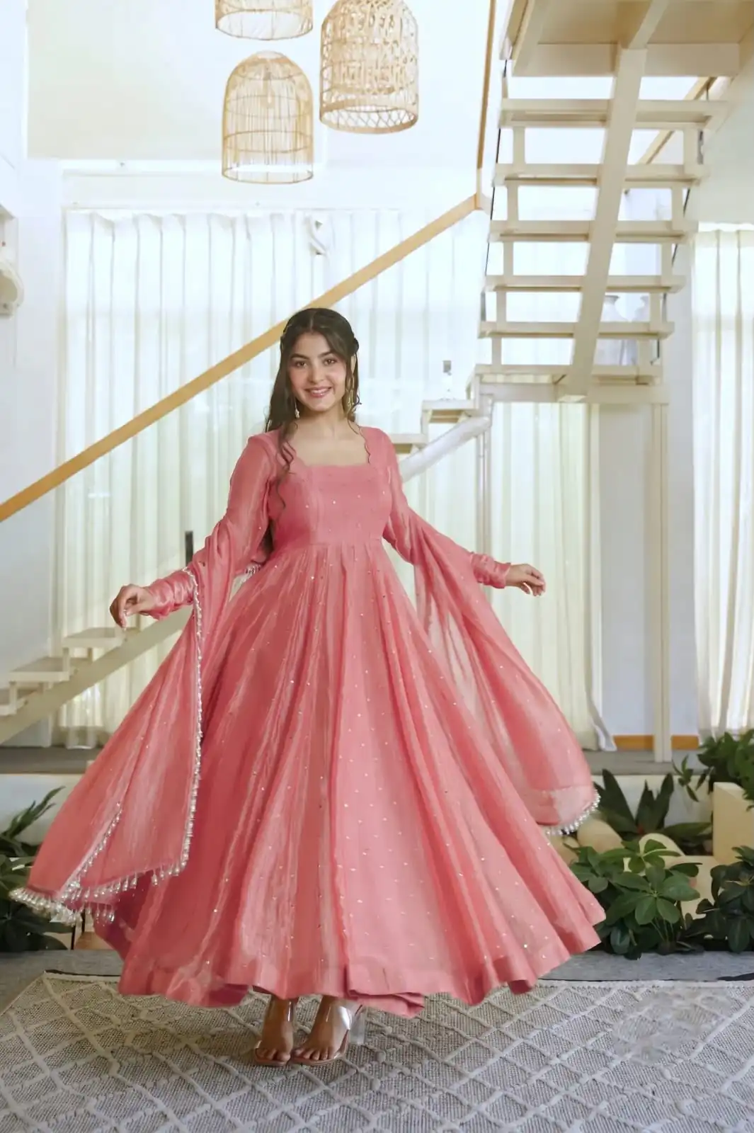 KD 1641 Peach in Salsa Silk Embroidery Work & Sequins Work Gown . Get it for ₹2899. Delivery 4-6 Working Days. Online Shop now. | Bollywood Gowns, Creative Gowns, Designer Gowns, Embroidered Gowns, Gowns, Party Wear Gowns