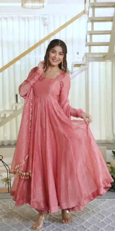 KD 1641 Peach in Salsa Silk Embroidery Work & Sequins Work Gown . Get it for ₹2899. Delivery 4-6 Working Days. Online Shop now. | Bollywood Gowns, Creative Gowns, Designer Gowns, Embroidered Gowns, Gowns, Party Wear Gowns