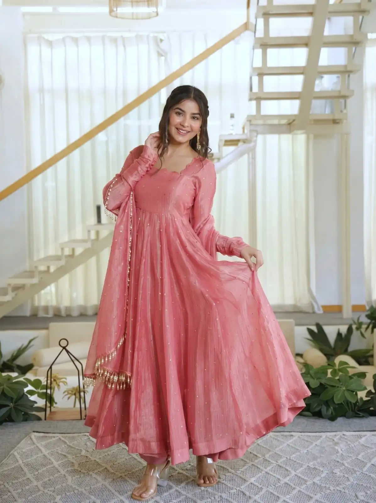 KD 1641 Peach in Salsa Silk Embroidery Work & Sequins Work Gown . Get it for ₹2899. Delivery 4-6 Working Days. Online Shop now. | Bollywood Gowns, Creative Gowns, Designer Gowns, Embroidered Gowns, Gowns, Party Wear Gowns