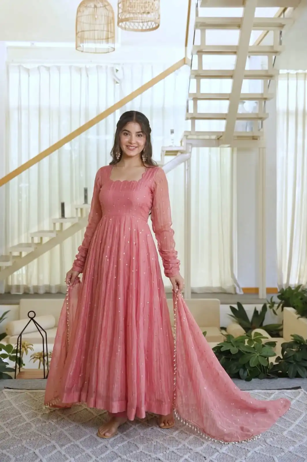 KD 1641 Peach in Salsa Silk Embroidery Work & Sequins Work Gown . Get it for ₹2899. Delivery 4-6 Working Days. Online Shop now. | Bollywood Gowns, Creative Gowns, Designer Gowns, Embroidered Gowns, Gowns, Party Wear Gowns