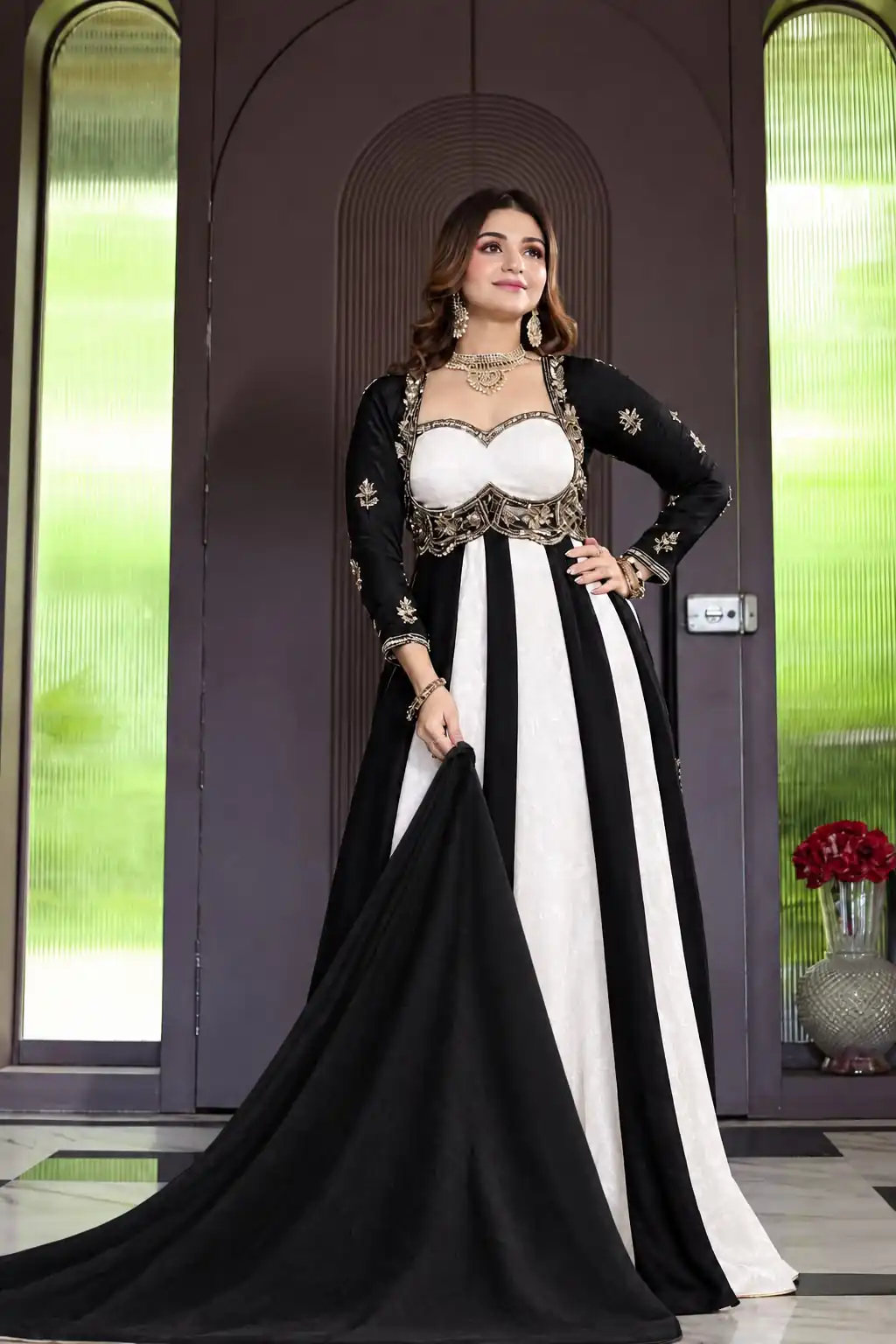 ND 5072 Black Fendy Silk Gown with Embroidery Work & Sequins Work. Special Price ₹2849. Delivery 4-6 Working Days. Shop now. | Bollywood Gowns, Creative Gowns, Designer Gowns, Embroidered Gowns, Gowns, Party Wear Gowns