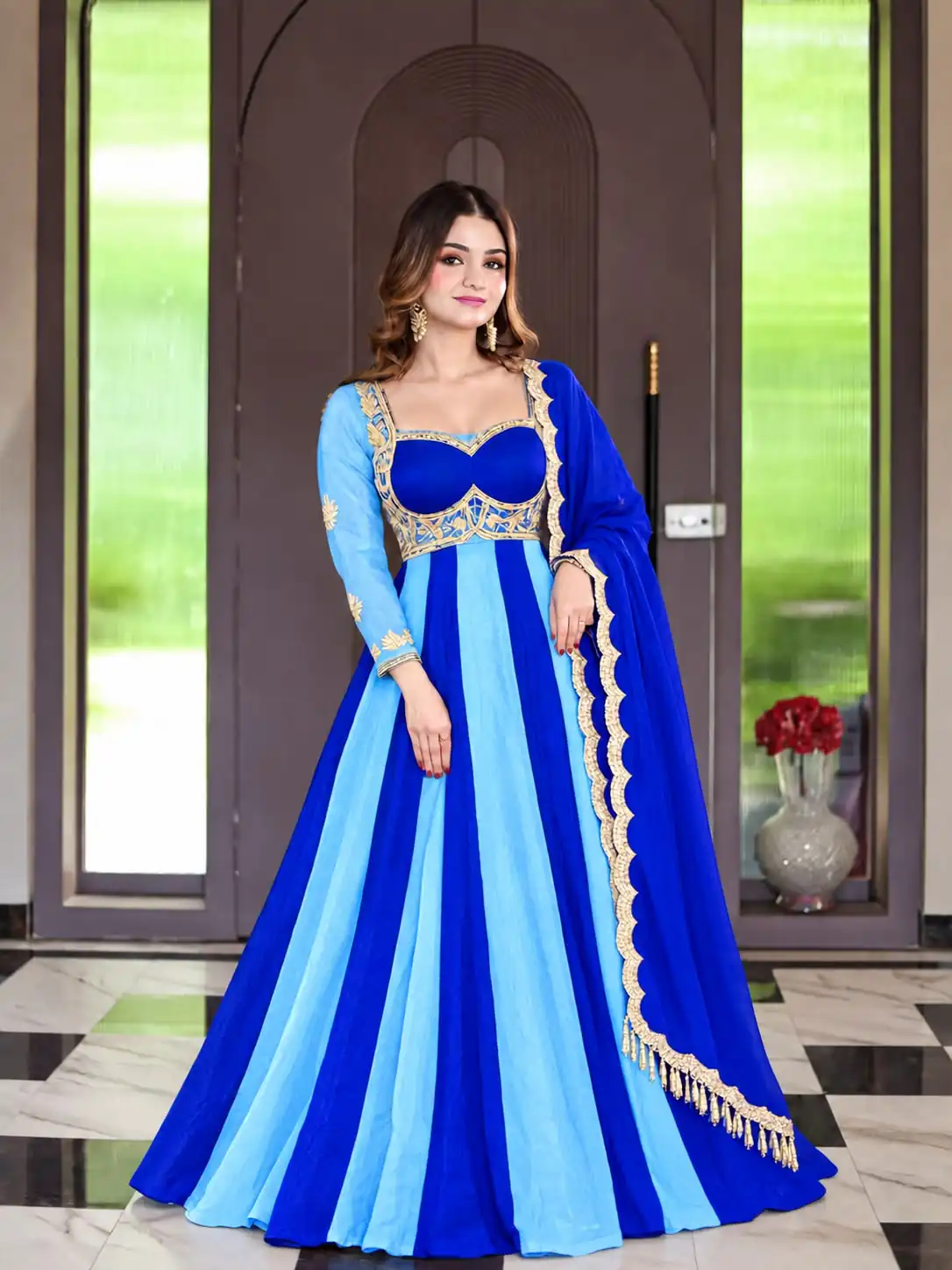 ND 5072 Blue Fendy Silk Gown with Embroidery Work & Sequins Work. Special Price ₹2849. Delivery 4-6 Working Days. Shop now. | Bollywood Gowns, Creative Gowns, Designer Gowns, Embroidered Gowns, Gowns, Party Wear Gowns