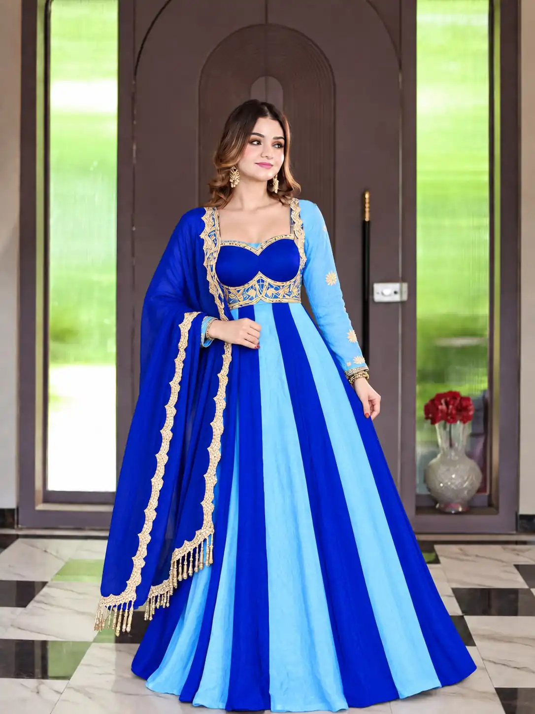 ND 5072 Blue Fendy Silk Gown with Embroidery Work & Sequins Work. Special Price ₹2849. Delivery 4-6 Working Days. Shop now. | Bollywood Gowns, Creative Gowns, Designer Gowns, Embroidered Gowns, Gowns, Party Wear Gowns