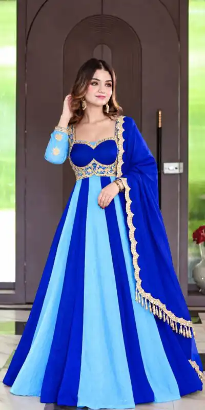 ND 5072 Blue Fendy Silk Gown with Embroidery Work & Sequins Work. Special Price ₹2849. Delivery 4-6 Working Days. Shop now. | Bollywood Gowns, Creative Gowns, Designer Gowns, Embroidered Gowns, Gowns, Party Wear Gowns