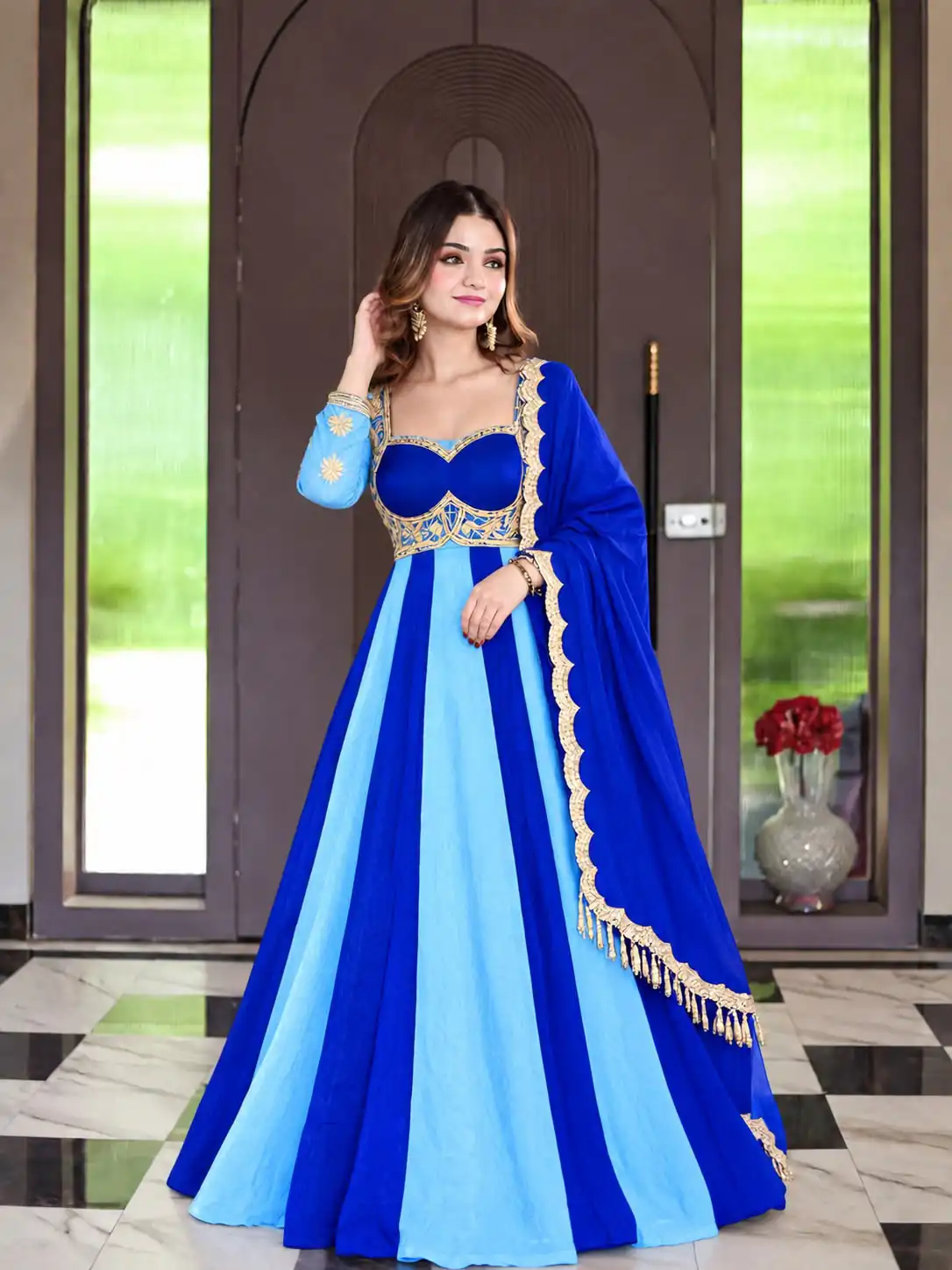 ND 5072 Blue Fendy Silk Gown with Embroidery Work & Sequins Work. Special Price ₹2849. Delivery 4-6 Working Days. Shop now. | Bollywood Gowns, Creative Gowns, Designer Gowns, Embroidered Gowns, Gowns, Party Wear Gowns