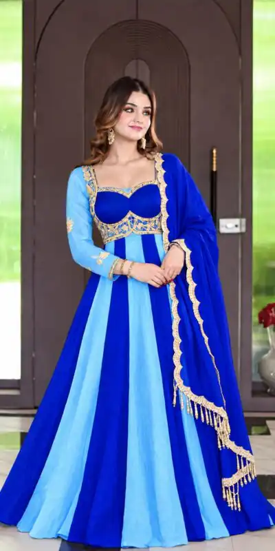 ND 5072 Blue Fendy Silk Gown with Embroidery Work & Sequins Work. Special Price ₹2849. Delivery 4-6 Working Days. Shop now. | Bollywood Gowns, Creative Gowns, Designer Gowns, Embroidered Gowns, Gowns, Party Wear Gowns