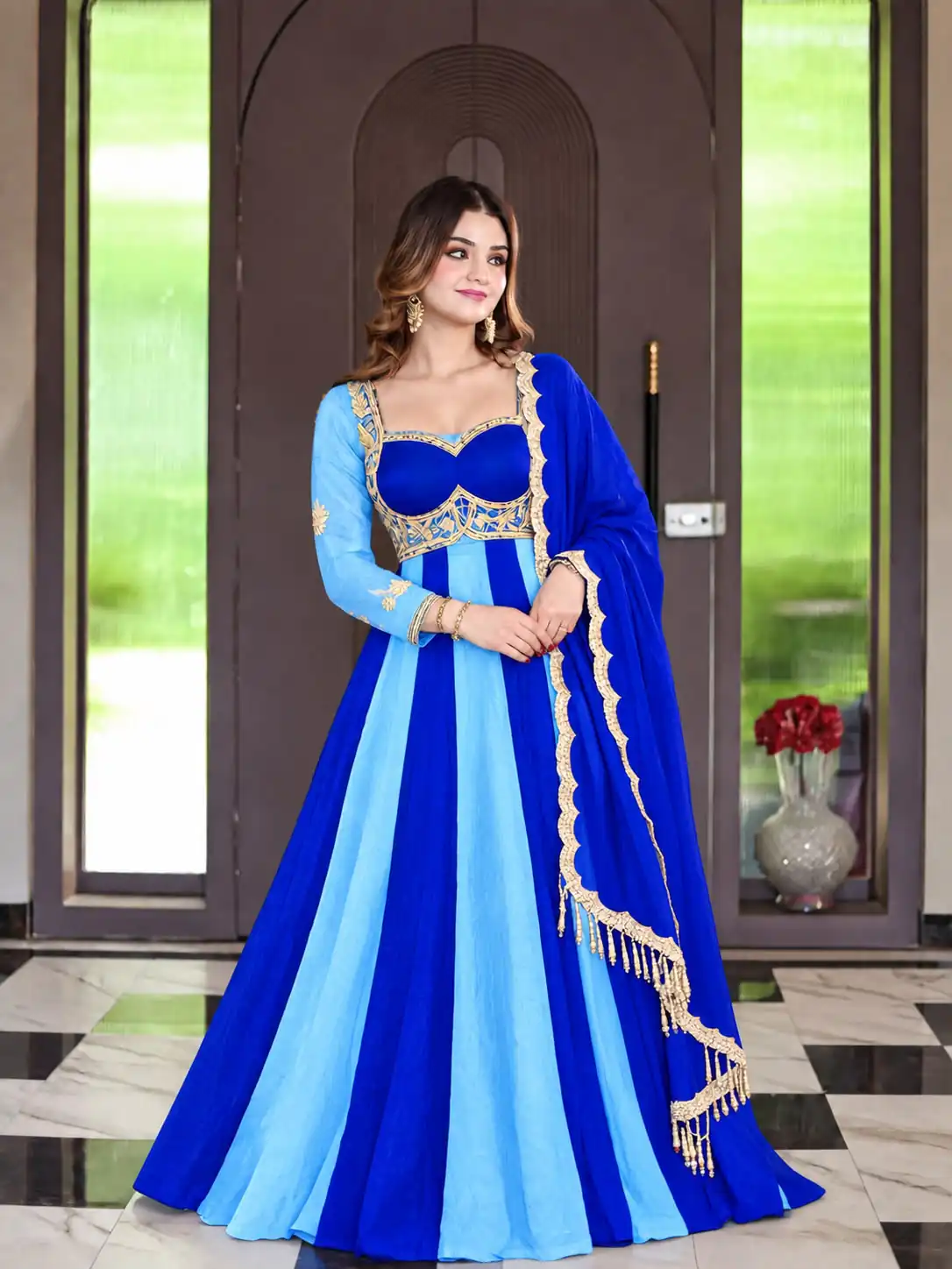 ND 5072 Blue Fendy Silk Gown with Embroidery Work & Sequins Work. Special Price ₹2849. Delivery 4-6 Working Days. Shop now. | Bollywood Gowns, Creative Gowns, Designer Gowns, Embroidered Gowns, Gowns, Party Wear Gowns
