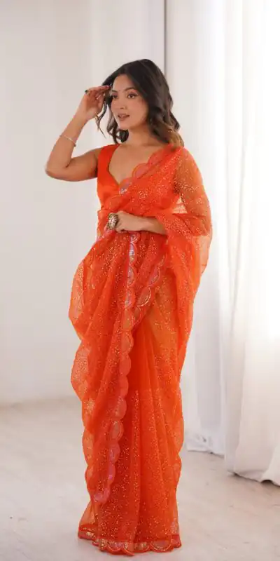 SP 90 Orange Soft Net Saree with Sequins Work & Embroidery Work. Available at ₹2299 only. Delivery 4-6 Working Days. Shop now. | Bollywood Sarees, Creative Sarees, Designer Sarees, Embroidered Sarees, Ethnic Saree, Modern Digital sarees, Party Wear Sarees, Sarees