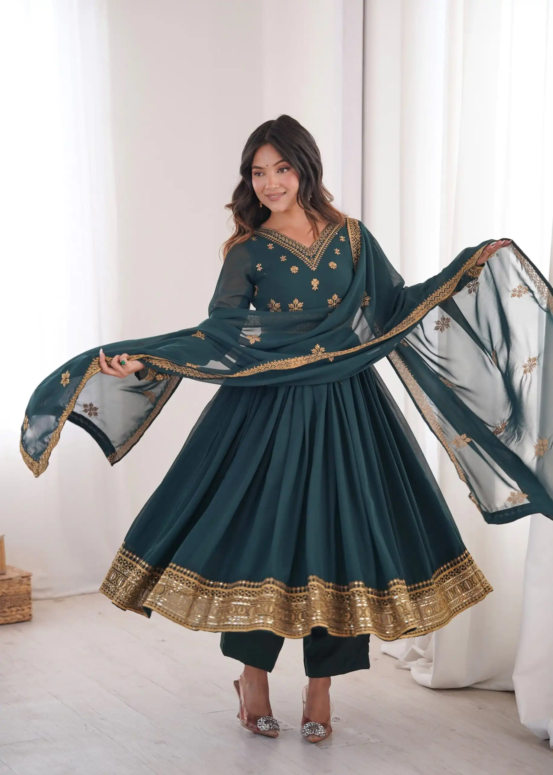 SP 104 Teal| Faux Georgette Salwar Suit with Lace Work & Digital Print. Introductory Price ₹2799. Delivery 4-6 Working Days. Shop now. | Anarkali Suits, Bollywood Anarkali, Creative-Anarkali, Designer Anarkali, Embroidered Anarkali, Party Wear Anarkali