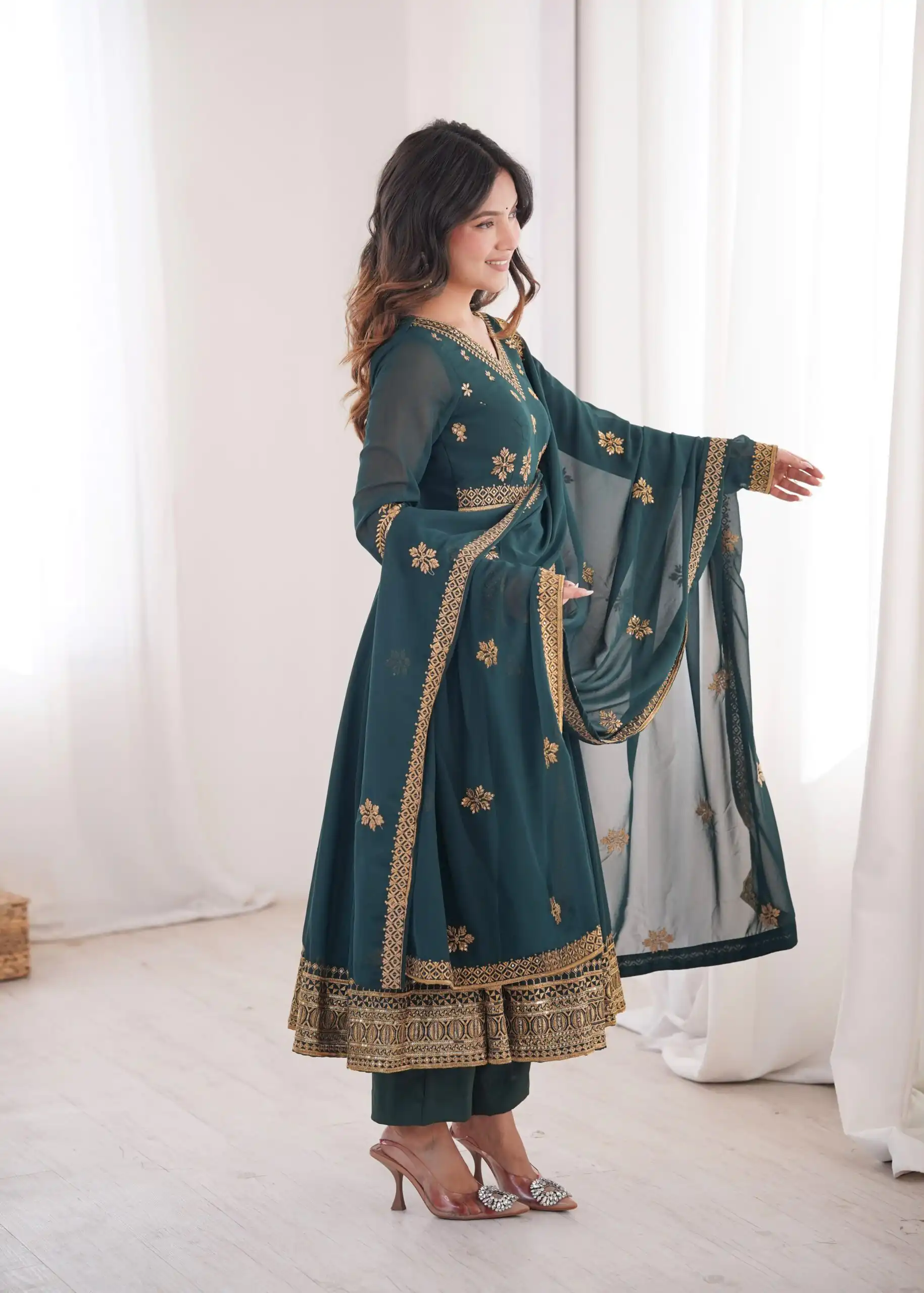 SP 104 Teal| Faux Georgette Salwar Suit with Lace Work & Digital Print. Introductory Price ₹2799. Delivery 4-6 Working Days. Shop now. | Anarkali Suits, Bollywood Anarkali, Creative-Anarkali, Designer Anarkali, Embroidered Anarkali, Party Wear Anarkali