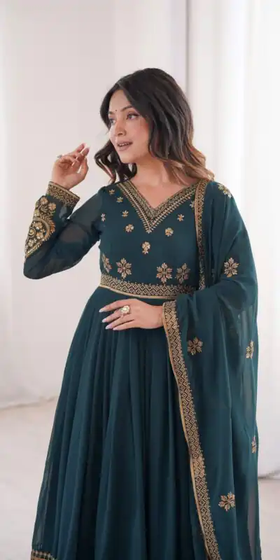 SP 104 Teal| Faux Georgette Salwar Suit with Lace Work & Digital Print. Introductory Price ₹2799. Delivery 4-6 Working Days. Shop now. | Anarkali Suits, Bollywood Anarkali, Creative-Anarkali, Designer Anarkali, Embroidered Anarkali, Party Wear Anarkali