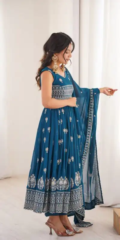SP 91 Teal| Faux Georgette Salwar Suit with Lace Work & Digital Print. Introductory Price ₹2799. Delivery 4-6 Working Days. Shop now. | Anarkali Suits, Bollywood Anarkali, Creative-Anarkali, Designer Anarkali, Embroidered Anarkali, Party Wear Anarkali