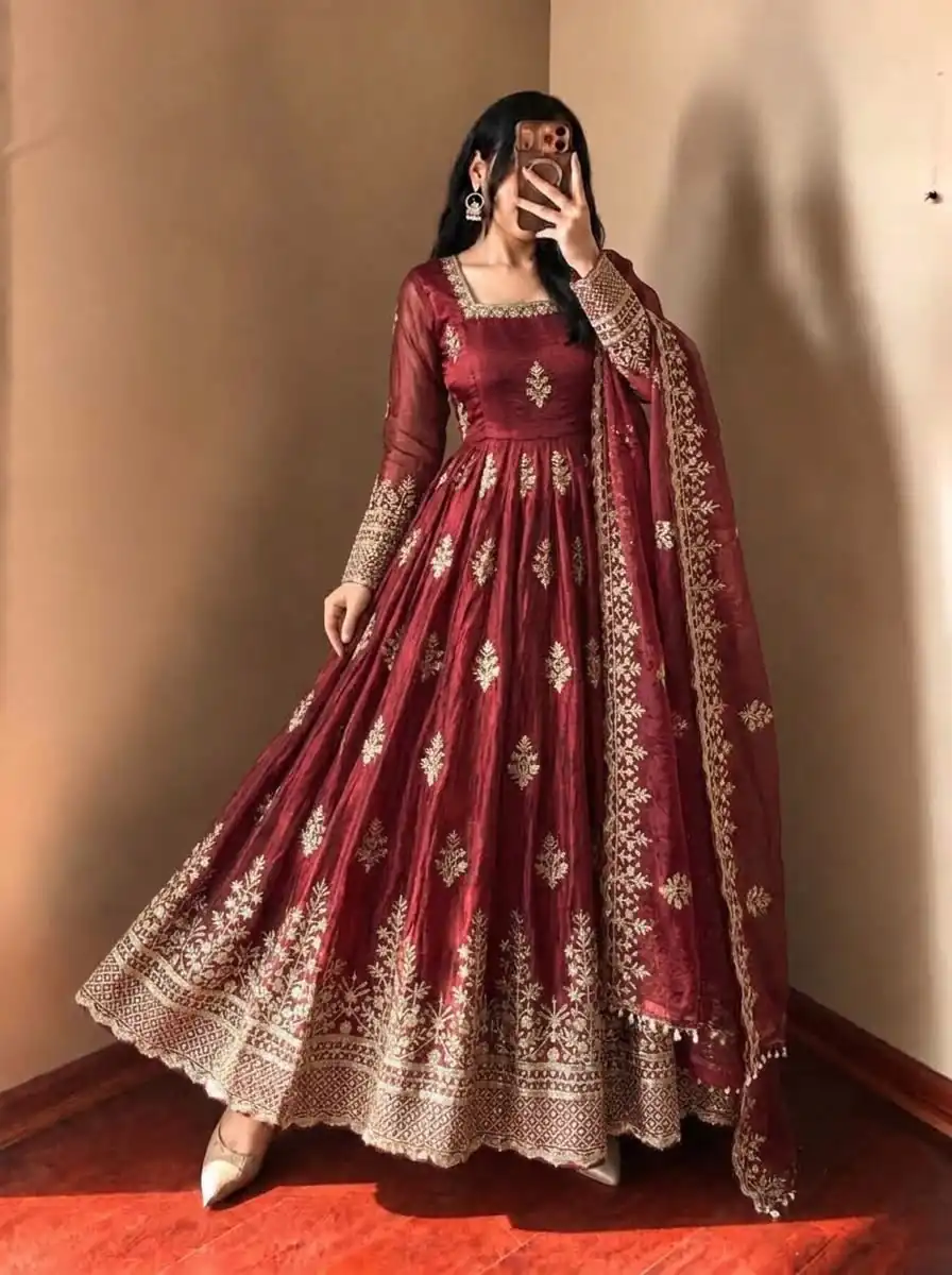 NSR 918 Maroon Fendy Silk Gown with Embroidery Work & Sequins Work. Special Price ₹2399. Delivery 4-6 Working Days. Shop now. | Bollywood Gowns, Creative Gowns, Designer Gowns, Embroidered Gowns, Gowns, Party Wear Gowns