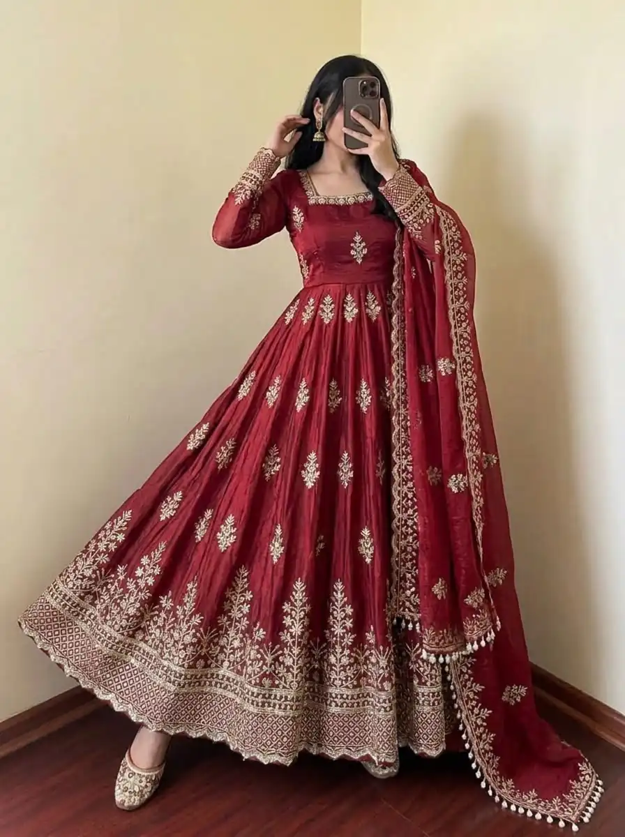 NSR 918 Maroon Fendy Silk Gown with Embroidery Work & Sequins Work. Special Price ₹2399. Delivery 4-6 Working Days. Shop now. | Bollywood Gowns, Creative Gowns, Designer Gowns, Embroidered Gowns, Gowns, Party Wear Gowns