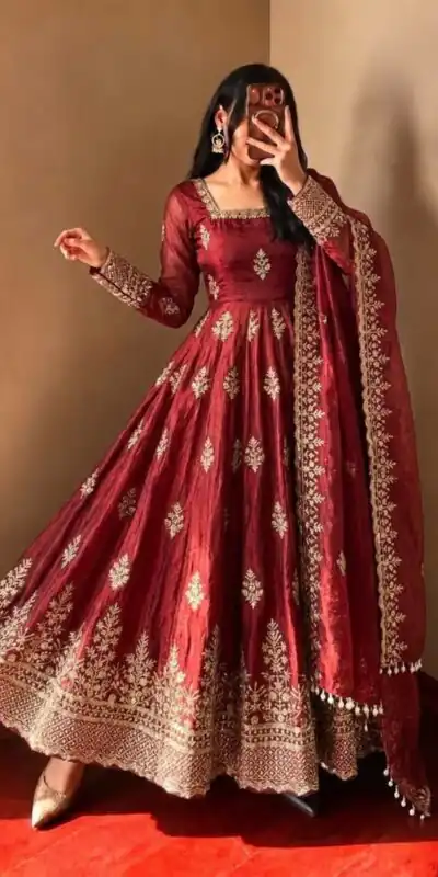 NSR 918 Maroon Fendy Silk Gown with Embroidery Work & Sequins Work. Special Price ₹2399. Delivery 4-6 Working Days. Shop now. | Bollywood Gowns, Creative Gowns, Designer Gowns, Embroidered Gowns, Gowns, Party Wear Gowns