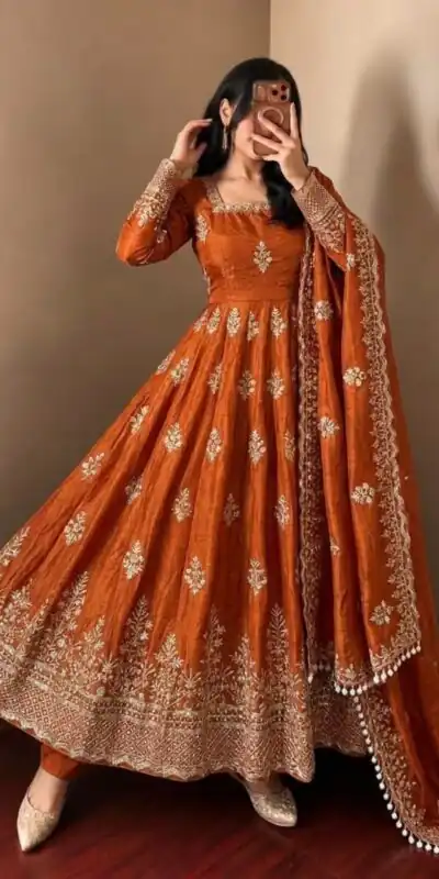 NSR 918 Orange Fendy Silk Gown with Embroidery Work & Sequins Work. Special Price ₹2399. Delivery 4-6 Working Days. Shop now. | Bollywood Gowns, Creative Gowns, Designer Gowns, Embroidered Gowns, Gowns, Party Wear Gowns