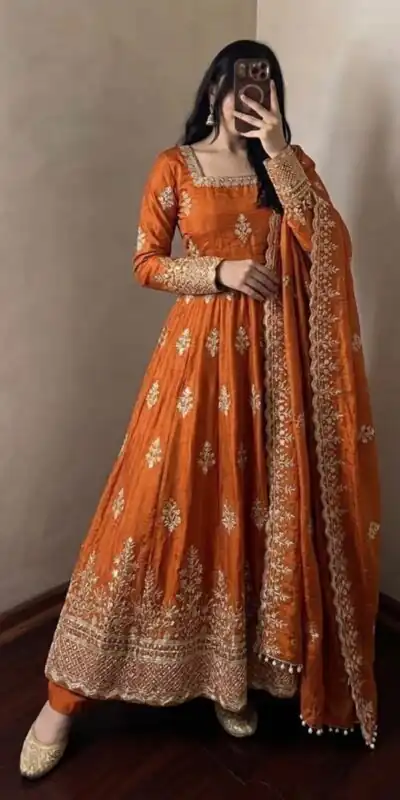 NSR 918 Orange Fendy Silk Gown with Embroidery Work & Sequins Work. Special Price ₹2399. Delivery 4-6 Working Days. Shop now. | Bollywood Gowns, Creative Gowns, Designer Gowns, Embroidered Gowns, Gowns, Party Wear Gowns