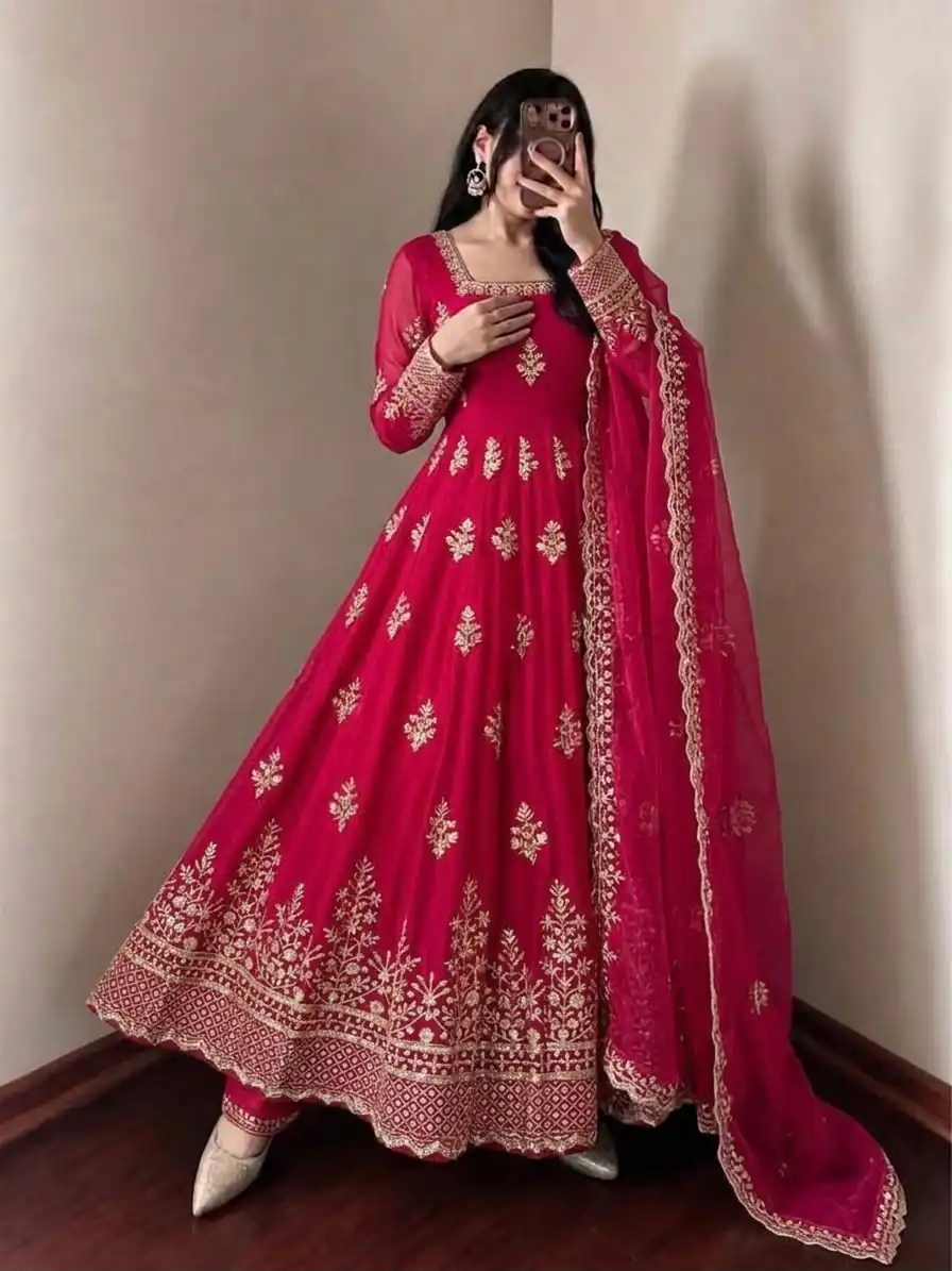 NSR 918 Pink Fendy Silk Gown with Embroidery Work & Sequins Work. Special Price ₹2399. Delivery 4-6 Working Days. Shop now. | Bollywood Gowns, Creative Gowns, Designer Gowns, Embroidered Gowns, Gowns, Party Wear Gowns