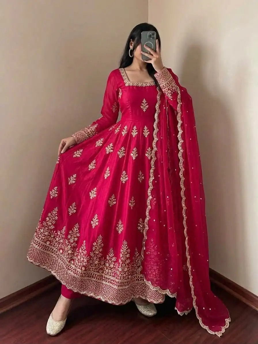 NSR 918 Pink Fendy Silk Gown with Embroidery Work & Sequins Work. Special Price ₹2399. Delivery 4-6 Working Days. Shop now. | Bollywood Gowns, Creative Gowns, Designer Gowns, Embroidered Gowns, Gowns, Party Wear Gowns