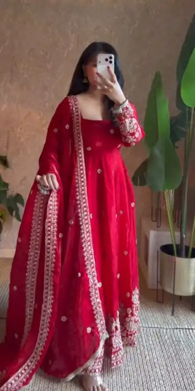 ZB 5080 Red Fendy Silk Gown with Embroidery Work & Sequins Work. Special Price ₹2399. Delivery 4-6 Working Days. Shop now. | Bollywood Gowns, Creative Gowns, Designer Gowns, Embroidered Gowns, Gowns, Party Wear Gowns