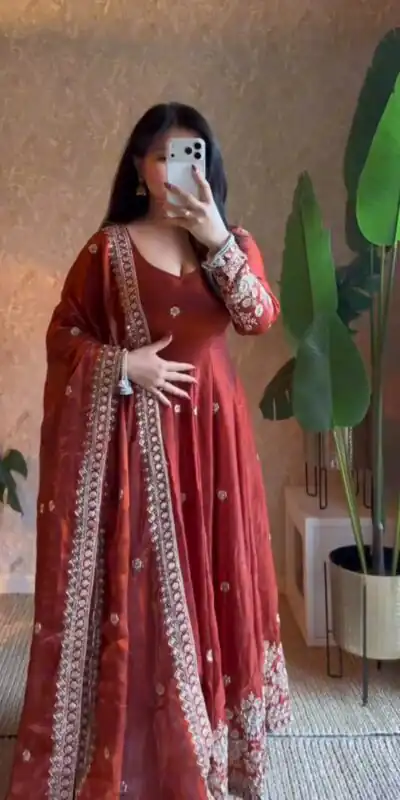 ZB 5080 Rust Fendy Silk Gown with Embroidery Work & Sequins Work. Special Price ₹2399. Delivery 4-6 Working Days. Shop now. | Bollywood Gowns, Creative Gowns, Designer Gowns, Embroidered Gowns, Gowns, Party Wear Gowns