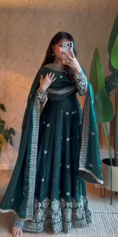 ZB 5080 Teal Fendy Silk Gown with Embroidery Work & Sequins Work. Special Price ₹2399. Delivery 4-6 Working Days. Shop now. | Bollywood Gowns, Creative Gowns, Designer Gowns, Embroidered Gowns, Gowns, Party Wear Gowns
