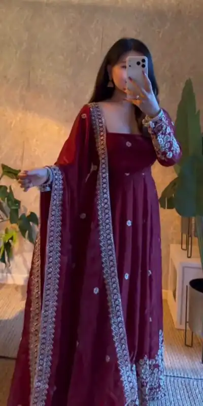 ZB 5080 Wine Fendy Silk Gown with Embroidery Work & Sequins Work. Special Price ₹2399. Delivery 4-6 Working Days. Shop now. | Bollywood Gowns, Creative Gowns, Designer Gowns, Embroidered Gowns, Gowns, Party Wear Gowns