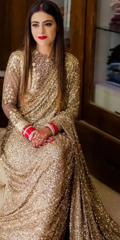 Sabyasachi Gold Color Fancy Thread Sequence Work Party Wear Saree