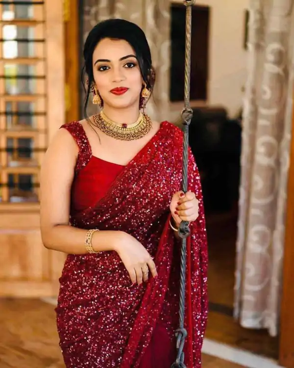 Party Wear Georgette Sequence Work Saree For Women's - Red